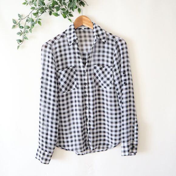Express Women's Portofino Shirt Black White Check Chiffon Button Front Top XS - Picture 1 of 4